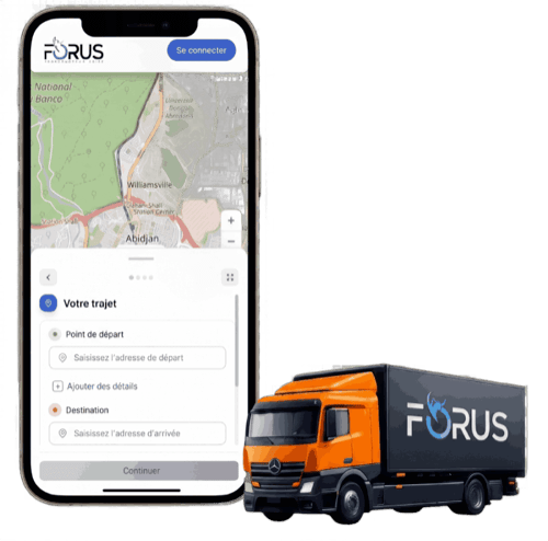 Application mobile FORUS affichant le formulaire de commande de transport, avec un camion FORUS en arrière-plan
