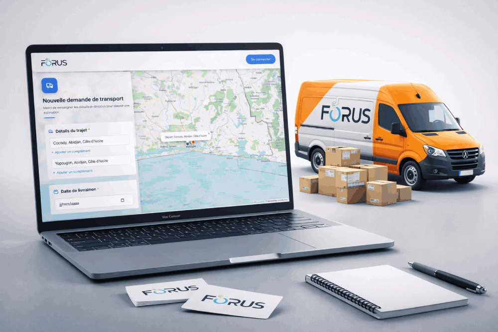 MacBook affichant le tableau de bord FORUS avec suivi GPS et indicateurs logistiques
